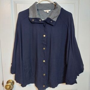 All For Color Navy Blue Poncho Sweater Snap Front Boho Relaxed Fit Size S